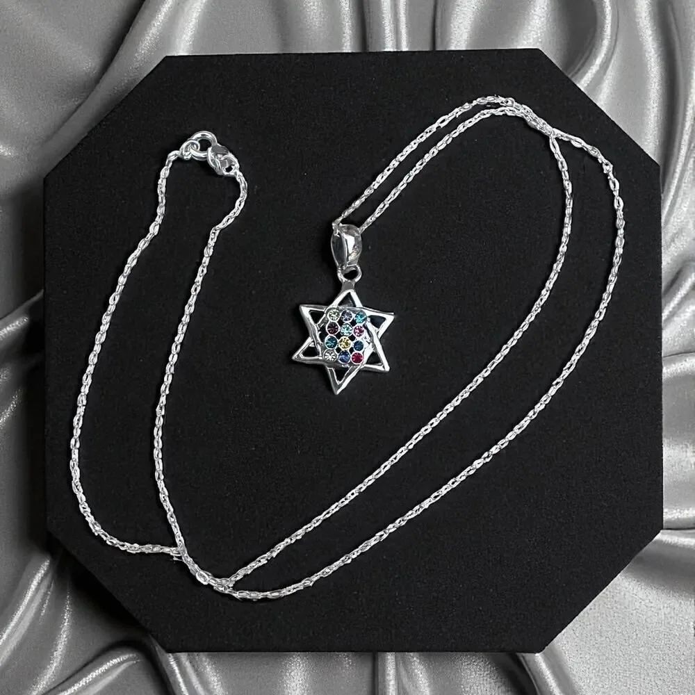 Sterling Silver Hoshen Star of DavidโMulti-Colored CZ Necklace